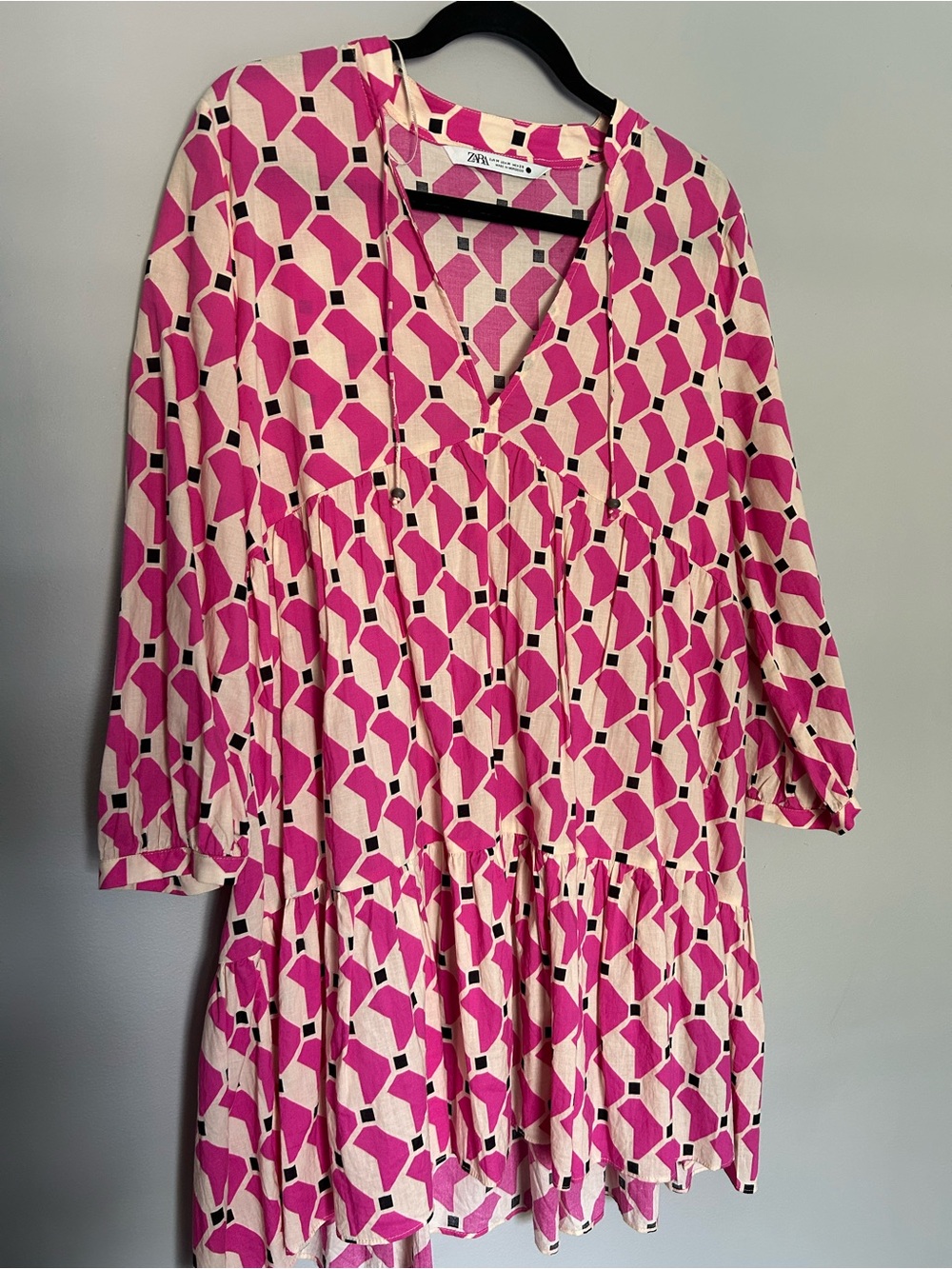 Zara Pink and Cream Geometric Tiered Midi Dress- worn once size L !